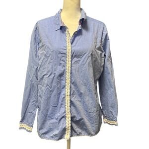 Hannah Blue Chambray Lace Trim Button Up Cottagecore Blouse XL